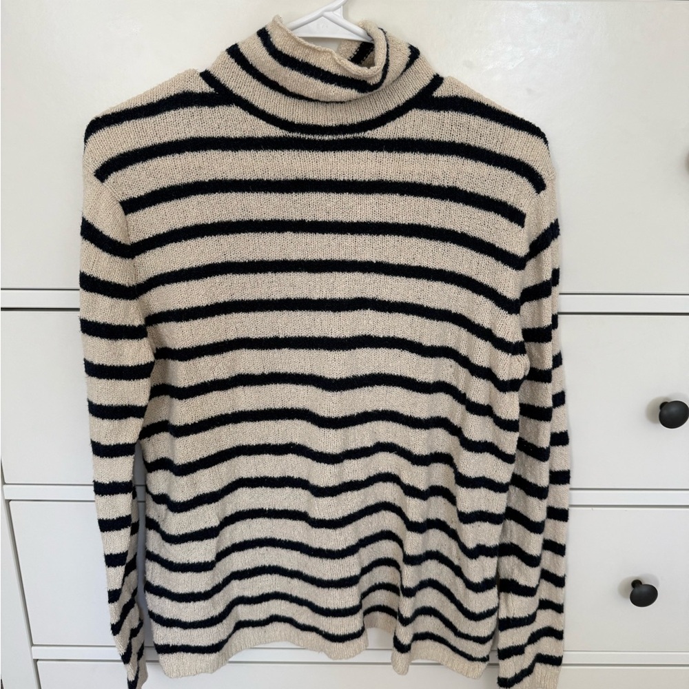 J. Crew Black and Cream Striped Turtleneck Sweater